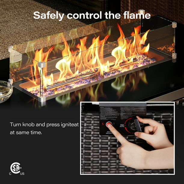 LAUSAINT HOME 43" Outdoor Fire Pit Table, 50,000 BTU Auto-Ignition Gas Fire Pit with Glass Wind Guard Propane(Rattan)