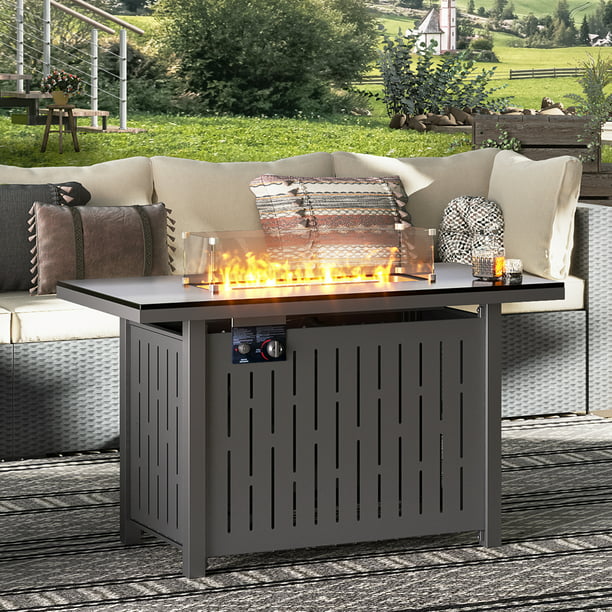 LAUSAINT HOME 43" Outdoor Fire Pit Table, 50,000 BTU Auto-Ignition Gas Fire Pit with Glass Wind Guard Propane(Metal)