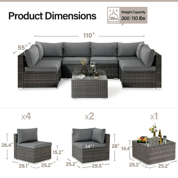 LAUSAINT HOME 7 Pieces Patio Conversation Set, Outdoor Sectional PE Rattan Wicker Conversation Seat (Gray)