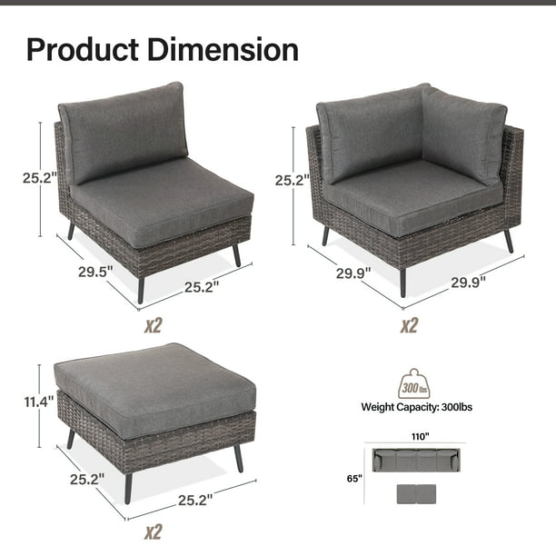 LAUSAINT HOME 6 Pieces Patio Conversation Set, Outdoor Sectional Wicker Sofa PE Rattan Furniture Set with Thick Cushions, Gray