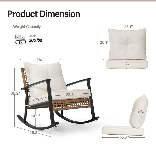 LAUSAINT HOME Outdoor Patio Rocking Chair, PE Rattan Chair with Thick Cushions, Beige