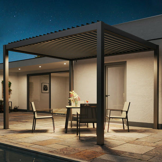 LAUSAINT HOME Outdoor Louvered Pergola Shade 10'x13' with Gutter, Well Engineered Sun Shade Shelter Kit with Adjustable Roof, All Aluminum, Black