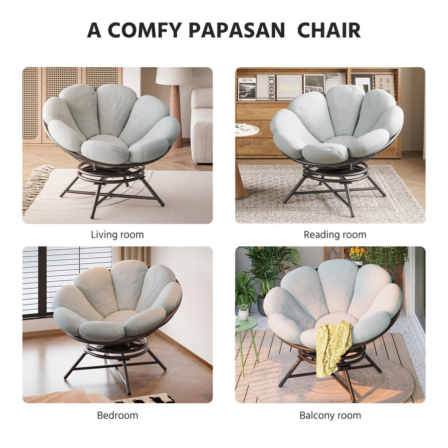 LAUSAINT HOME 40'' Papasan Chair, 360° Swivel Accent Chair with Ergonomic Petal-Shaped Gray Cushion, Olefin Fabric, Supports up to 400 lbs