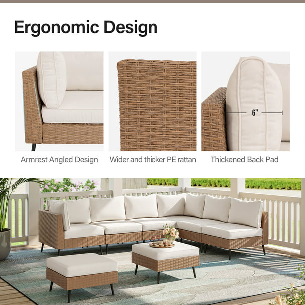 LAUSAINT HOME 8 Pieces Patio Conversation Set, Outdoor Sectional Wicker Sofa PE Rattan Furniture Set with Thick Cushions, Beige