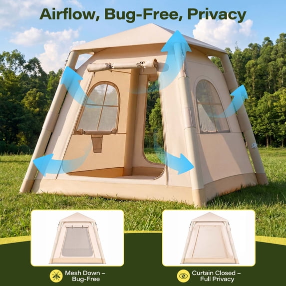 KAMEROUT Inflatable Tent 3 Person Glamping Tent with Easy Air Pump Setup, All-Weather Waterproof Oxford Luxury Blow Up Air Camping Tent with Mesh Window, Inflatable House, Khaki