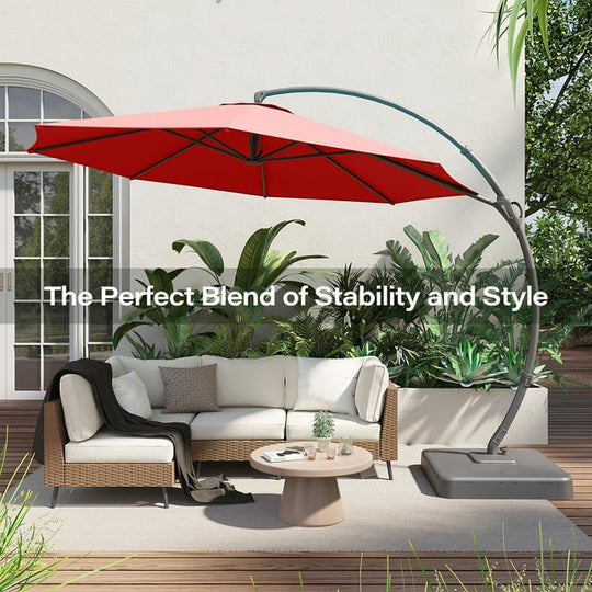 LAUSAINT HOME 12FT Deluxe Patio Umbrella with Base, Outdoor Large Hanging Cantilever Curvy Umbrella with 360°, Red