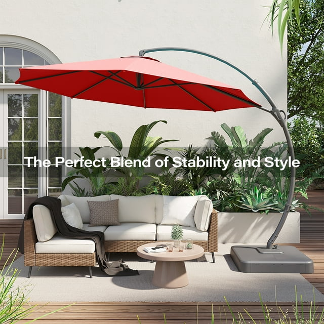 LAUSAINT HOME 12FT Deluxe Patio Umbrella with Base, Outdoor Large Hanging Cantilever Curvy Umbrella with 360°, Red