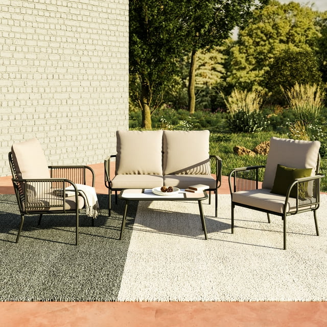 LAUSAINT HOME 4 Pieces Outdoor Patio Conversation Set with Coffee Table, 2 Chairs & 1 Loveseat, Beige