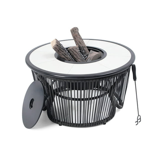 LAUSAINT HOME Outdoor Wicker Fire Pit Table with Metal Lid & Fire Tong, Dark Gray