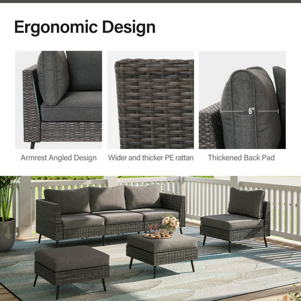 LAUSAINT HOME 6 Pieces Patio Conversation Set, Outdoor Sectional Wicker Sofa PE Rattan Furniture Set with Thick Cushions, Gray