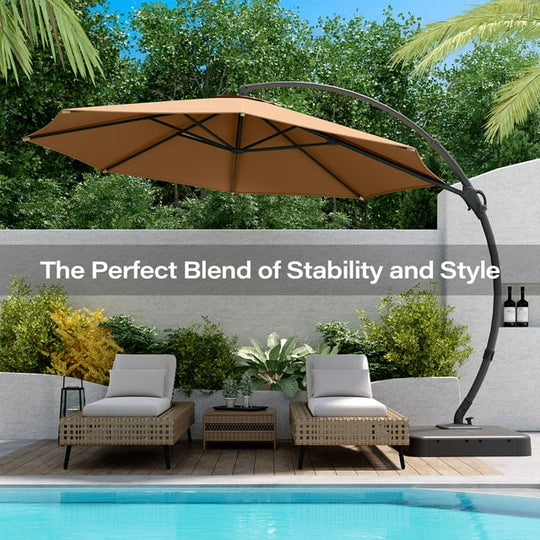LAUSAINT HOME 11FT Deluxe Patio Umbrella with Base, Outdoor Large Hanging Cantilever Curvy Umbrella with 360°, Tan