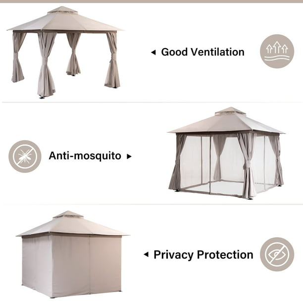LAUSAINT HOME Patio Gazebo 10'x10' with Expansion Bolts, Double Roofs Outdoor Shelter Tent with Nettings and Privacy Screens (Khaki)