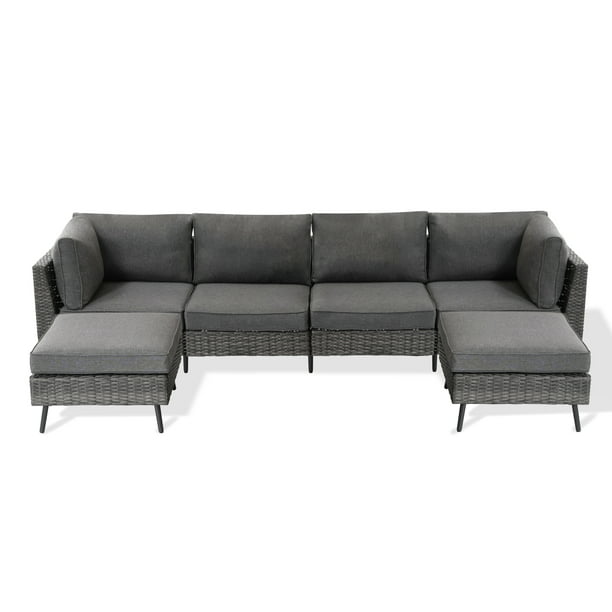 LAUSAINT HOME 6 Pieces Patio Conversation Set, Outdoor Sectional Wicker Sofa PE Rattan Furniture Set with Thick Cushions, Gray