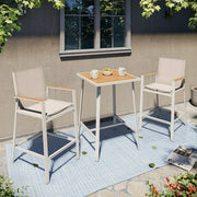 LAUSAINT HOME 3 Pieces Patio Bistro Set, All Weather Textilene Fabric, 2 Height Bar Stools with Wood Grain Top Coffee Table, Beige