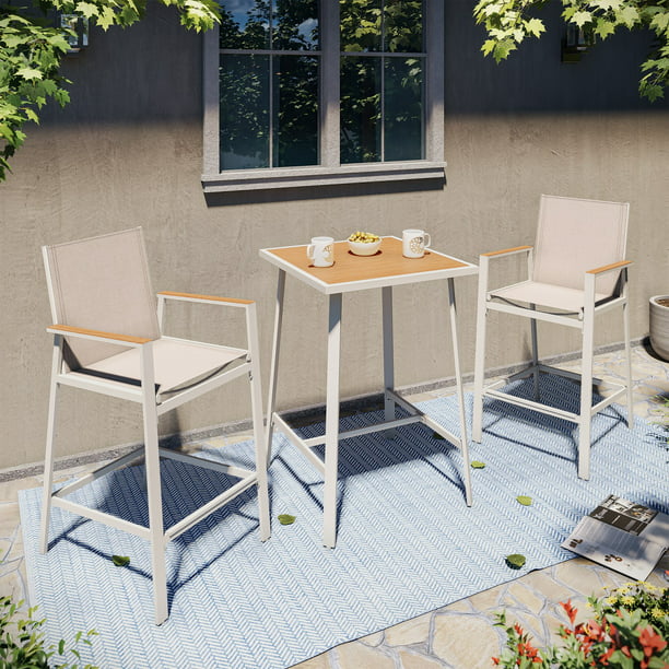 LAUSAINT HOME 3 Pieces Patio Bistro Set, All Weather Textilene Fabric, 2 Height Bar Stools with Wood Grain Top Coffee Table, Beige