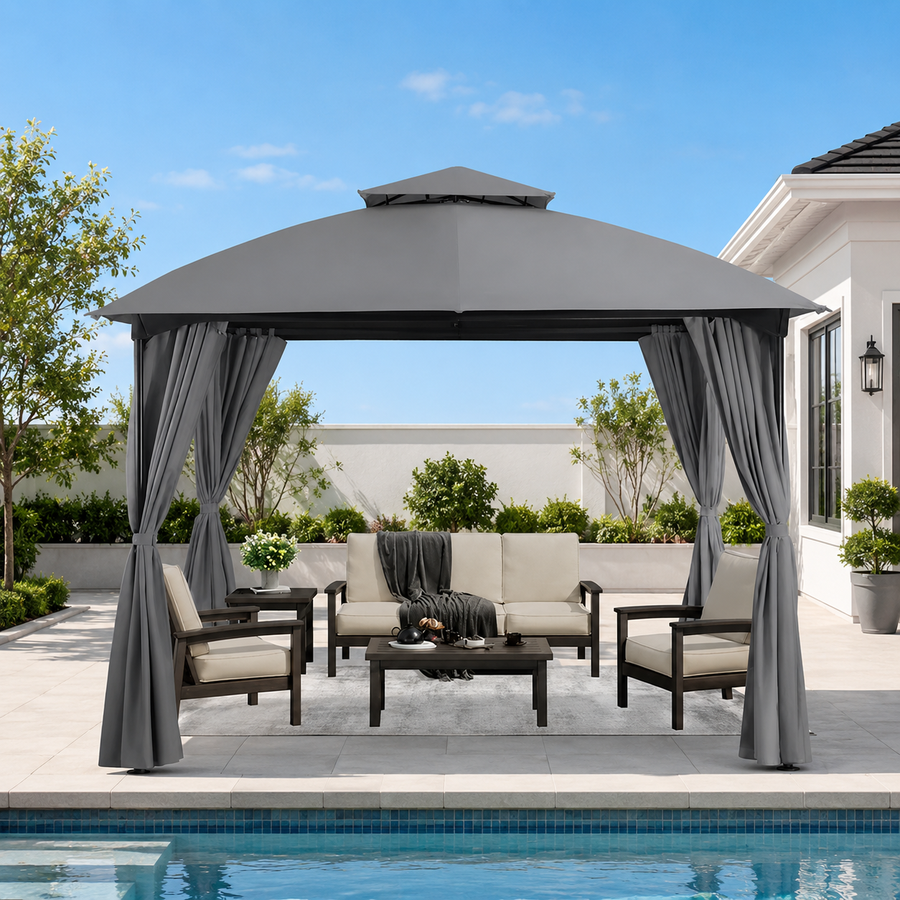 KAMEROUT 10'x10' Outdoor Gazebo with Privacy Screens & Expansion Bolts, Patio Double Roof Metal Frame Gazebo for Garden, Backyard, Gray