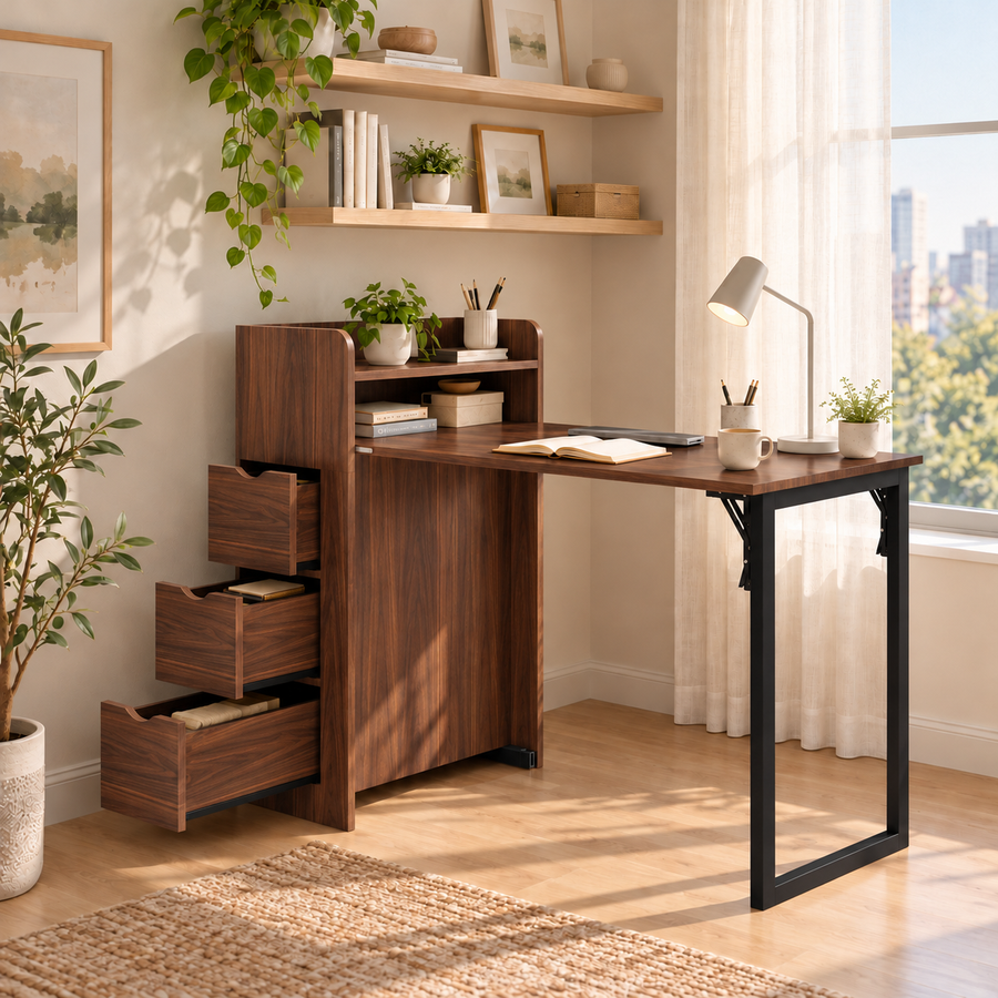 LAUSAINT HOME Space-Saving Wall-Mounted Foldable Desk with Storage and Power Outlet, Compact Fold-Down Work Table for Home Office and Bedroom, Walnut