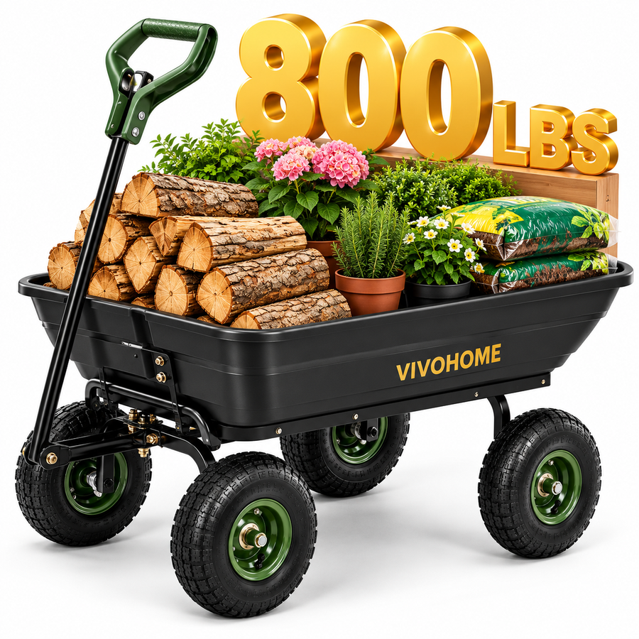 LAUSAINT HOME Garden Dump Cart, 800 lb Capacity, 4 Cu. Ft. Yard Wagon with Quick-Release Dump and 10-Inch Pneumatic Tires, Black