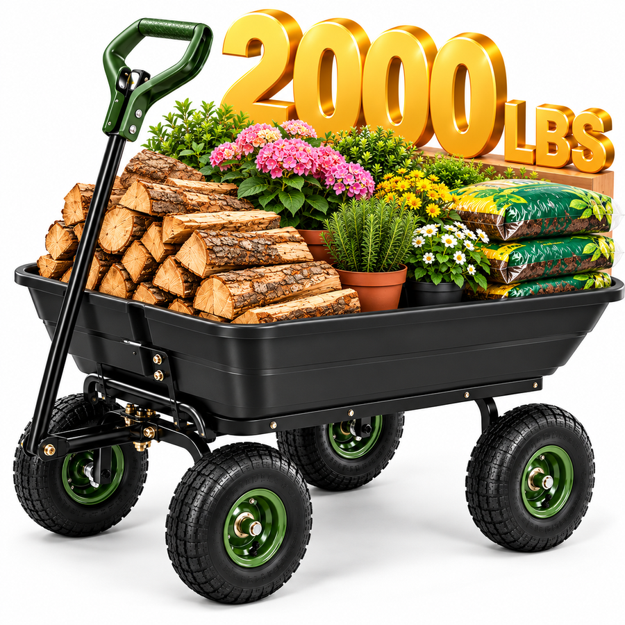 LAUSAINT HOME Garden Dump Cart, 2000 lb Capacity, 4 Cu. Ft. Yard Wagon with Quick-Release Dump and 10-Inch Pneumatic Tires, Black