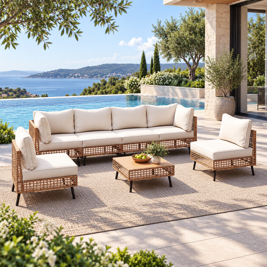 Lausaint Home 7-Piece Outdoor Wicker Patio Furniture Conversation Set, Sectional Sofa with Cushions, Beige