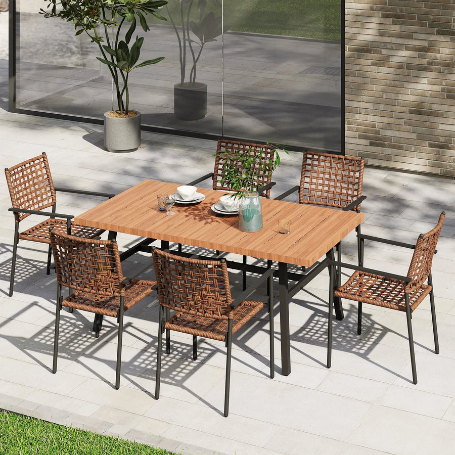 LAUSAINT HOME 7 Pieces Outdoor Patio Dining Set, Patio Furniture Set with 1 Wooden-Grain Table and 6 Rattan Chairs