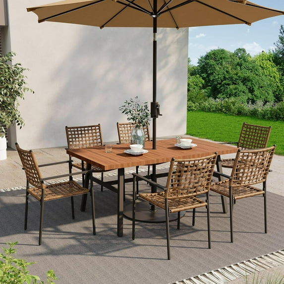 LAUSAINT HOME 7 Pieces Outdoor Patio Dining Set, Patio Furniture Set with 1 Wooden-Grain Table and 6 Rattan Chairs