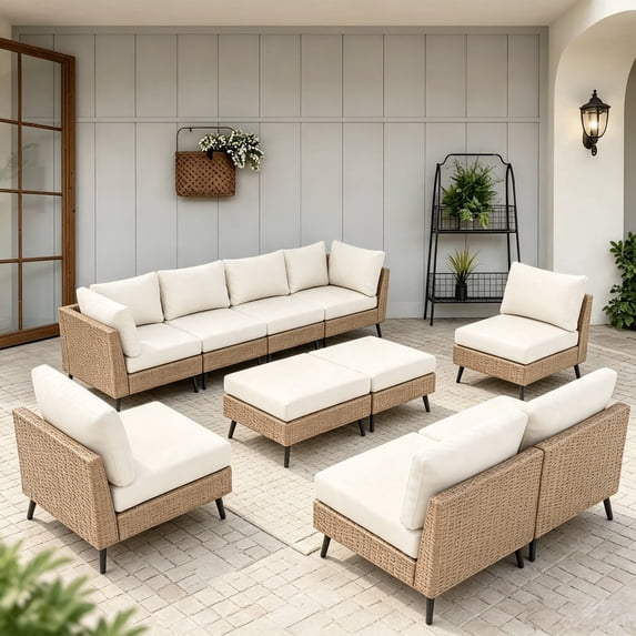 KAMEROUT 10-Piece Modular PE Wicker Sectional Sofa Set, 8 Seats & 2 Multi-Use Ottomans, All Weather Outdoor Patio Furniture with Cushions for Backyard, Pool, Porch, Deck
