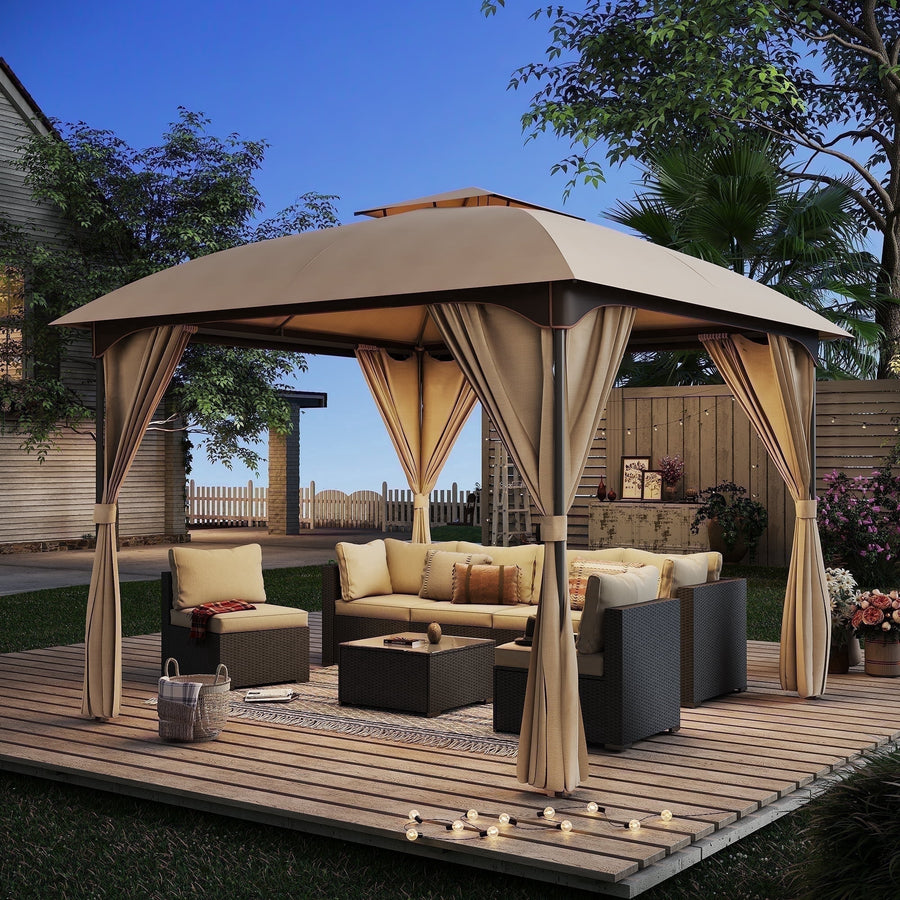 KAMEROUT 10'x10' Outdoor Gazebo with Privacy Screens & Expansion Bolts, Patio Double Roof Metal Frame Gazebo for Garden, Backyard, Khaki