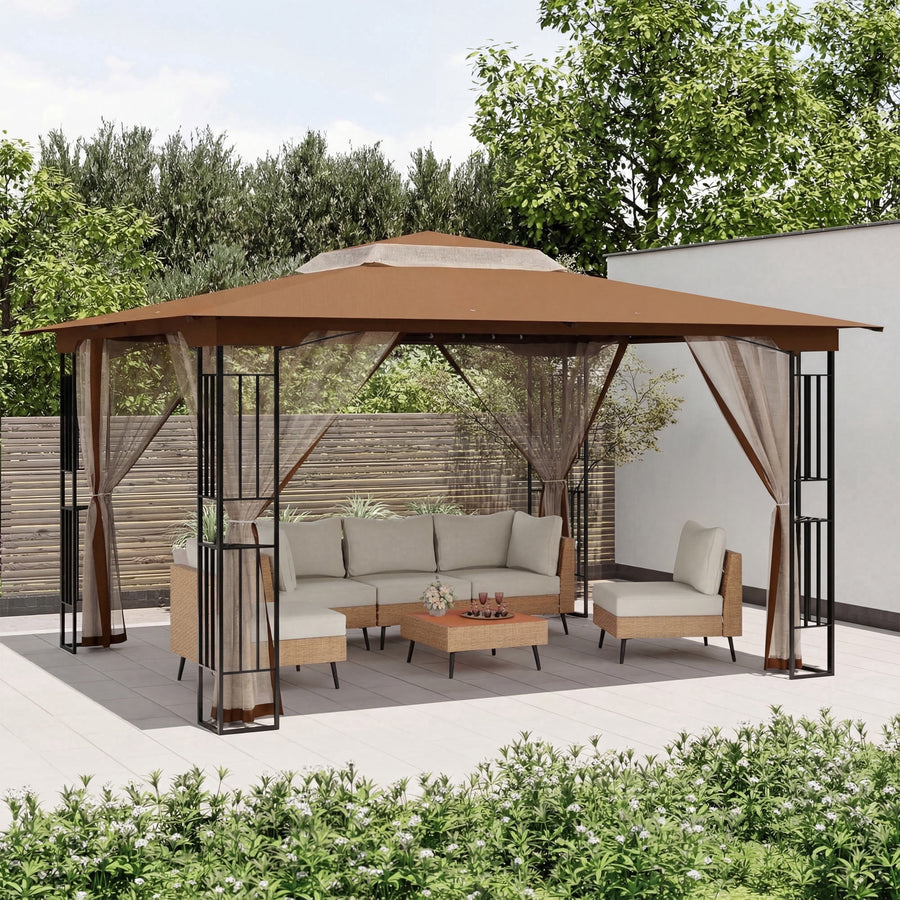 KAMEROUT 13'x11' Patio Gazebo, Double Tiered outdoor gazebo with Mosquito Nettings for Backyard, Garden, Lawn, Brown