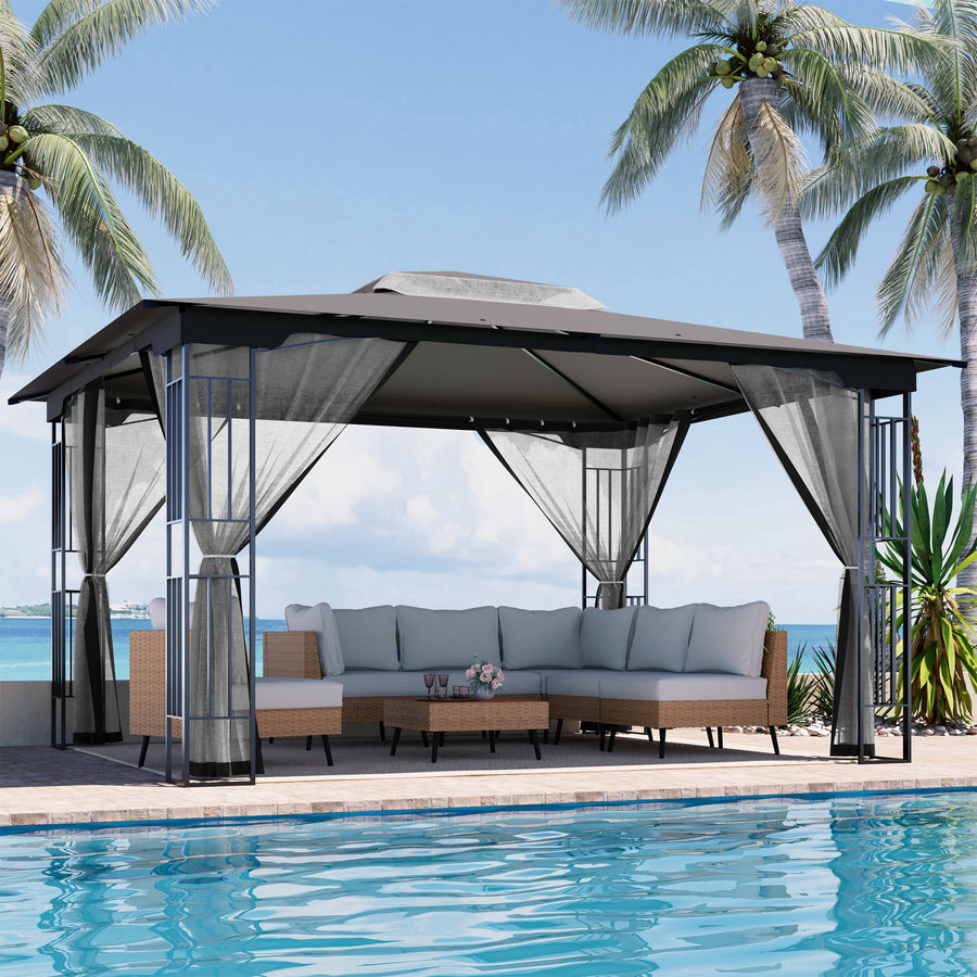 KAMEROUT 13'x11' Patio Gazebo, Double Tiered outdoor gazebo with Mosquito Nettings for Backyard, Garden, Lawn, Gray