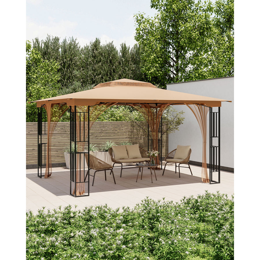KAMEROUT 13'x11' Patio Gazebo, Double Tiered outdoor gazebo with Mosquito Nettings for Backyard, Garden, Lawn, Khaki