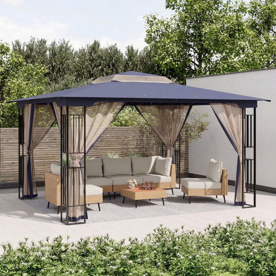 KAMEROUT 13'x11' Patio Gazebo, Double Tiered outdoor gazebo with Mosquito Nettings for Backyard, Garden, Lawn, Navy Blue