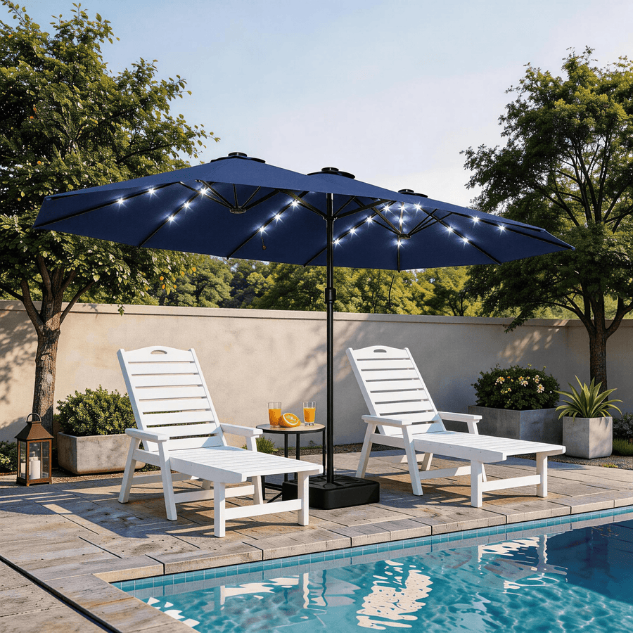 KAMEROUT 15ft Double Sided Patio Umbrella with Base & Lights, Large Outdoor Umbrella for Poolside, Market, Navy Blue