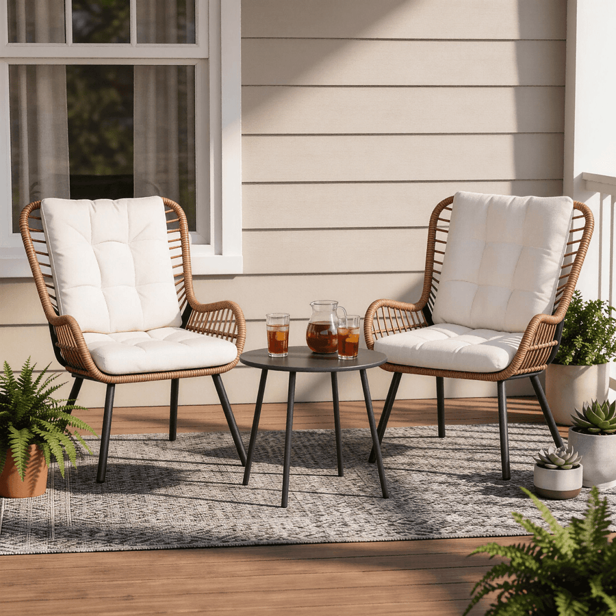 KAMEROUT 3 Piece Outdoor Bistro Set, Rattan Patio Furniture Set with Coffee Table & Beige Cushions for Lawn, Garden, Balcony