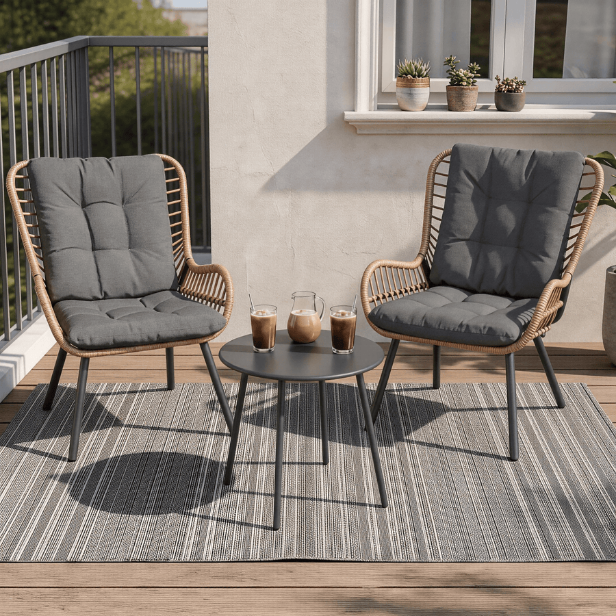 KAMEROUT 3 Piece Outdoor Bistro Set, Rattan Patio Furniture Set with Coffee Table & Gray Cushions for Lawn, Garden, Balcony