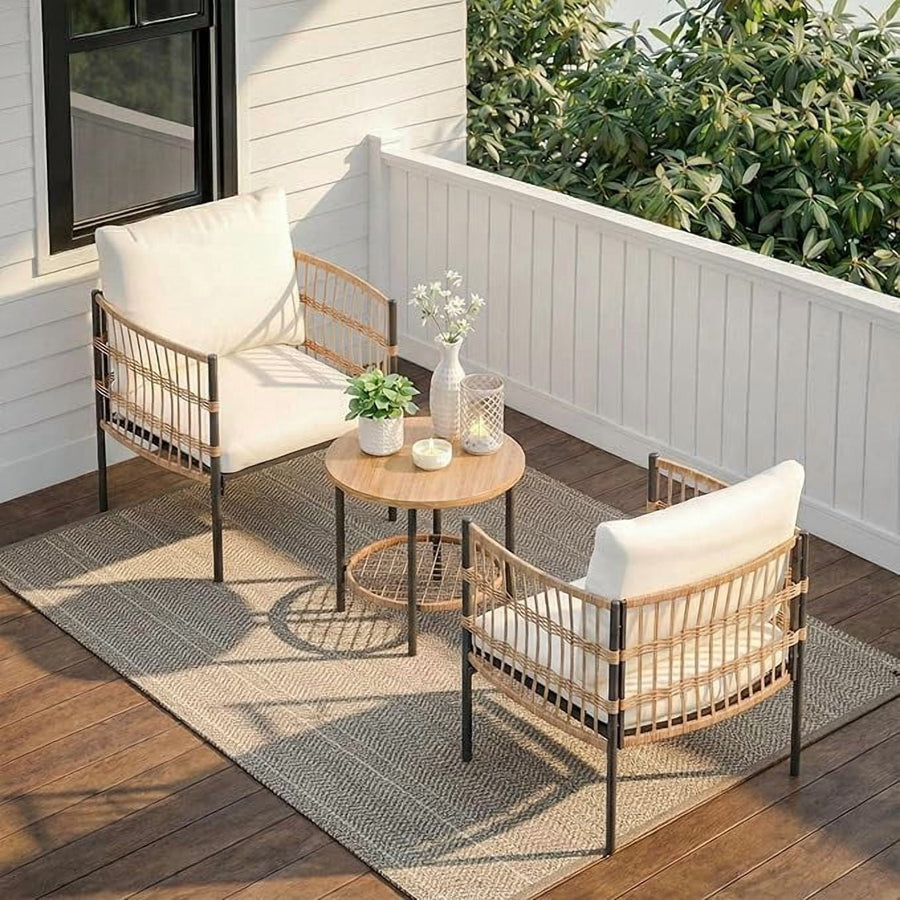 KAMEROUT 3-Piece Patio Bistro Set, All-Weather Wicker Patio Furniture Set with Beige Cushions for Patio, Balcony, Backyard