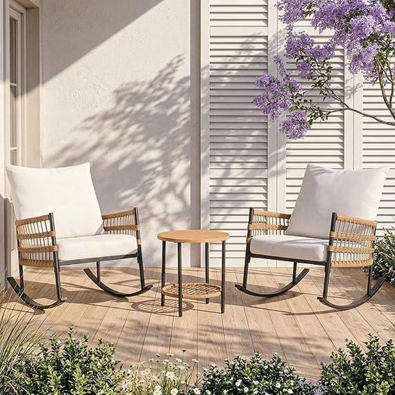 KAMEROUT 3 Pieces Patio Conversation Set, Outdoor PE Wicker Patio Furniture with Beige Cushions for Porch Garden Backyard