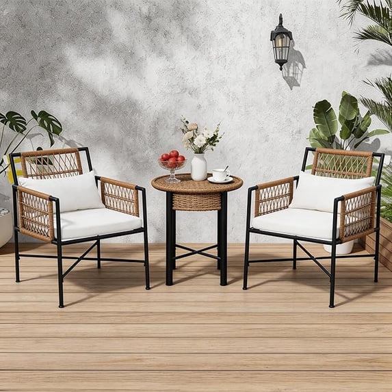 KAMEROUT 3 Pieces Patio Furniture Set, Outdoor Wicker Bistro Set with Beige Cushions for Patio, Balcony, Backyard