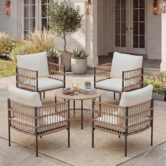 KAMEROUT 5-Piece Outdoor Conversation Set, All-Weather Wicker Patio Furniture Set with Beige Cushions for Patio, Balcony, Backyard