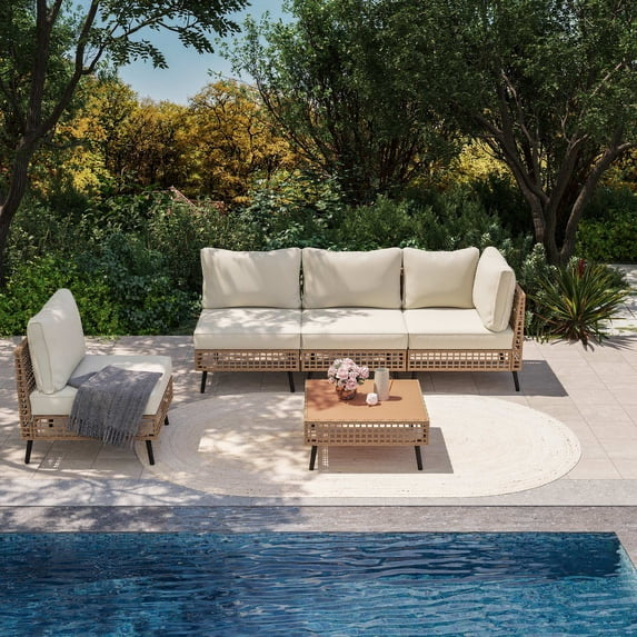 KAMEROUT 5-Piece Outdoor Wicker Patio Furniture Set, Modular Sectional Sofa Conversation Set with Cushions and Coffee Table, Beige