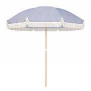 KAMEROUT 7.5ft Fringe Patio Umbrella, Blue Striped Outdoor Market Umbrella with UV50+ Protection, Steel Pole, Hand Push Lift for Garden, Deck, Backyard, Poolside