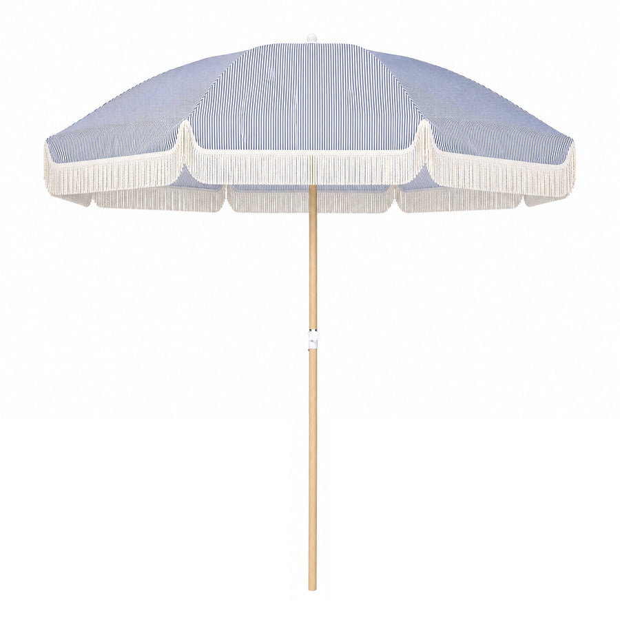 KAMEROUT 7.5ft Fringe Patio Umbrella, Blue Striped Outdoor Market Umbrella with UV50+ Protection, Steel Pole, Hand Push Lift for Garden, Deck, Backyard, Poolside