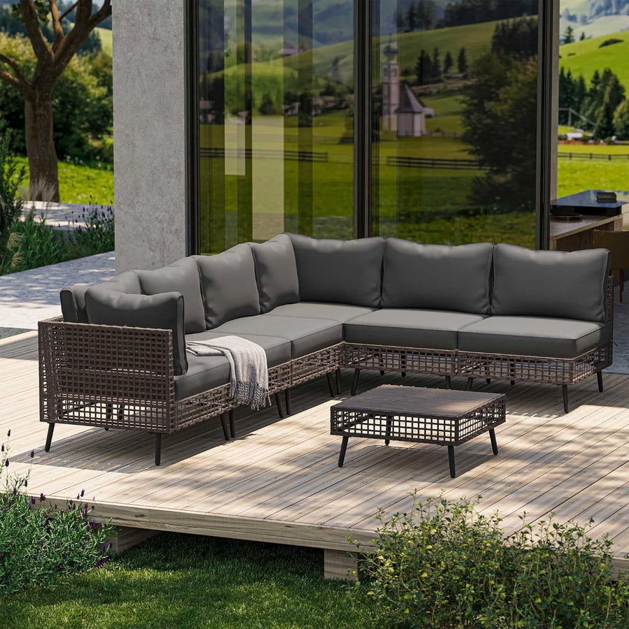 KAMEROUT 7-Piece Outdoor Wicker Patio Furniture Conversation Set, Sectional Sofa with Cushions, Gray