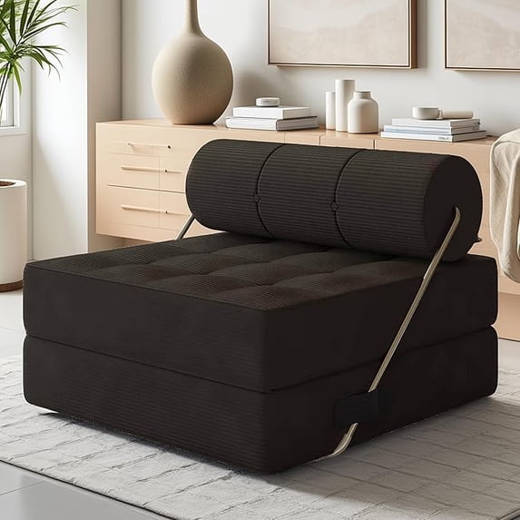 KAMEROUT Folding Sofa Bed, 4 in 1 Convertible Sleeper Chair with High-Density Foam & Soft Corduroy Fabric, Black