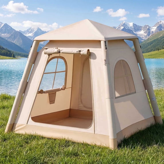 KAMEROUT Inflatable Tent 3 Person Glamping Tent with Easy Air Pump Setup, All-Weather Waterproof Oxford Luxury Blow Up Air Camping Tent with Mesh Window, Inflatable House, Khaki