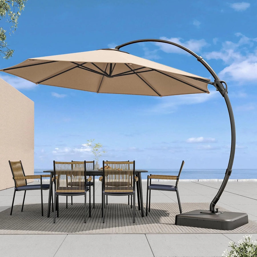 LAUSAINT HOME 10FT Patio Umbrella with Base, Outdoor Deluxe Curvy Cantilever Umbrella for Patio Pool Deck, Champagne