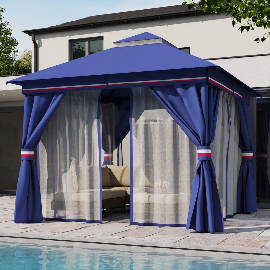 LAUSAINT HOME 10'x10' Patio Gazebo, Double Roof Outdoor Shelter Tent with Mosquito Nettings and Privacy Screens, Classic Blue