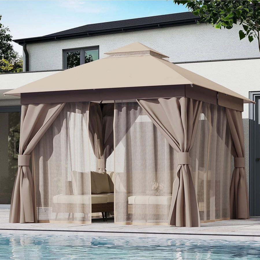 LAUSAINT HOME 10'x10' Outdoor Patio Gazebo, Double Roof Metal Frame with Mosquito Nettings, Privacy Screens and Anchoring Kit, Gray