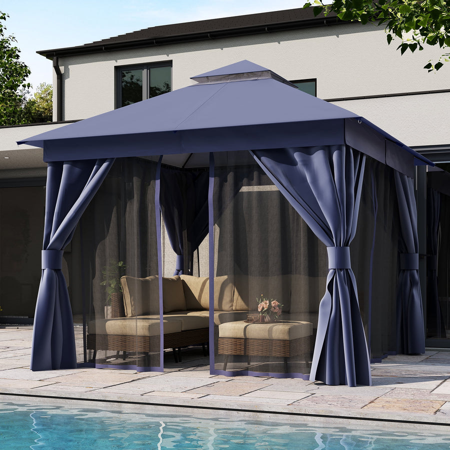 LAUSAINT HOME 10'x10' Patio Gazebo, Double Roof Outdoor Shelter Tent with Mosquito Nettings and Privacy Screens, Navy Blue