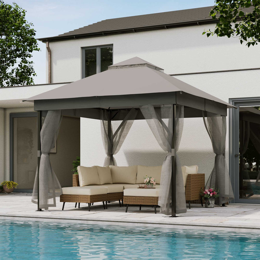 LAUSAINT HOME 10'x10' Patio Gazebo with Mosquito Netting, Double Roof Outdoor Gazebo Pavilion Shelter, Gray